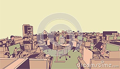 Illustration of large studio office, creative work place with people workers in perspective Cartoon Illustration