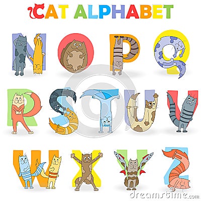 Illustration with Latin alphabet part 2, from N to Z, funny cartoon cat in the form of letters Vector Illustration