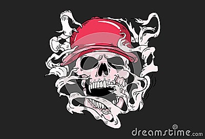 Illustration of a laughing skull wearing a cap. Cartoon Illustration