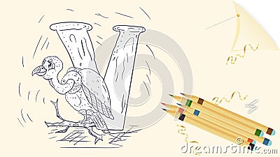 Illustration layout banner of the English alphabet for learning the alphabet letter V vulture sheet of paper with colored pencils Vector Illustration