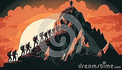 illustration Leader leads his men to the top of the mountain and reach the goal Stock Photo