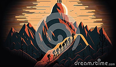 illustration Leader leads his men to the top of the mountain and reach the goal Stock Photo