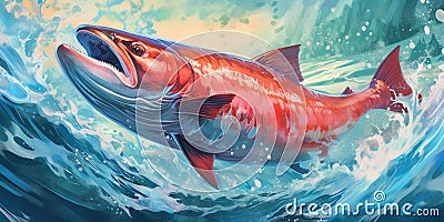 Illustration For leaping salmon in the water,generated with AI. Stock Photo