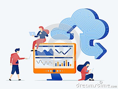 illustration of Learning machines installed in the cloud optimize statistical data upload and download activities to the server Vector Illustration