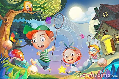 Illustration: Let's Go Catching the FireFlies! Happy Little Friends Playing Together Run into the Amazing Night. Stock Photo