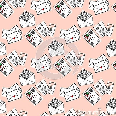 Illustration of letters and envelopes. Romantic messages. Seamless pattern. Vector Illustration