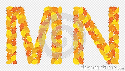 Illustration of letters M and N alphabet, autumn yellowed leaves. Vector Illustration