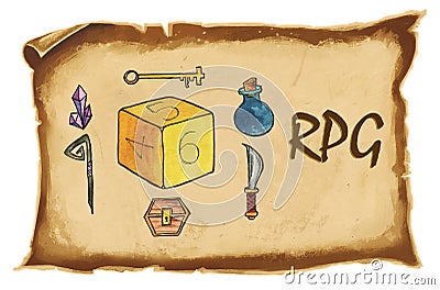 Illustration. Letters `RPG`, hexagonal dice for board, dnd, or tabletop games, crystals, bottle with magic potion, chest, knife, Stock Photo