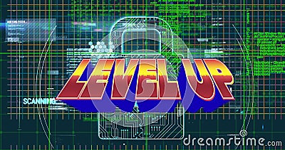 Illustration of level up text over circuit padlock and programming language on grid pattern Stock Photo