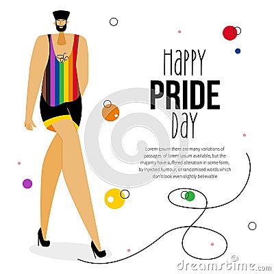 The LGBTQ man in rainbow t shirt celebrations international PRIDE DAY, LGBT parade. He is transgender, transvestite or Vector Illustration