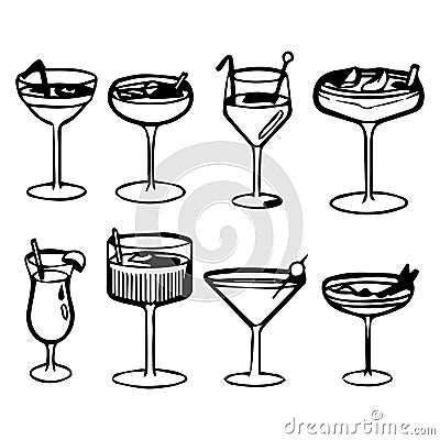 illustration, line art set of glasses with cocktails, alcohol, icons Vector Illustration