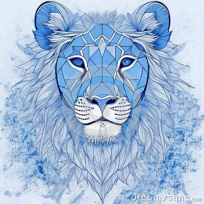 illustration of a lion, blue, simple design, for a logo or symbol, dark background Cartoon Illustration