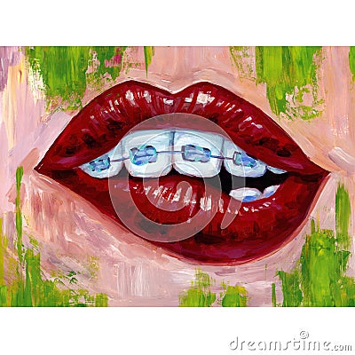 Illustration with lips and braces. Stock Photo