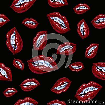 Illustration with lips and braces. Seamless pattern on a black b Stock Photo