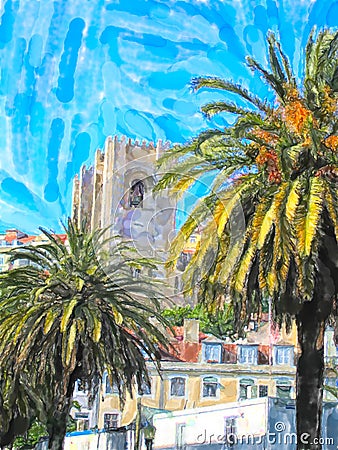 Illustration of Lisbon cathedral Se Stock Photo