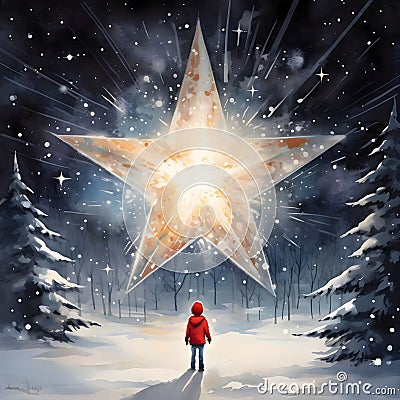 Illustration of a little boy winter landscape at night looking at a giant star. The Christmas star as a symbol of the birth of the Vector Illustration