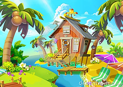 Illustration: Little Cabin on the Island. Stock Photo