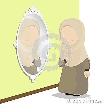 Hijab girl cartoon character, little looked in the mirror for dress up, vector illustration Vector Illustration