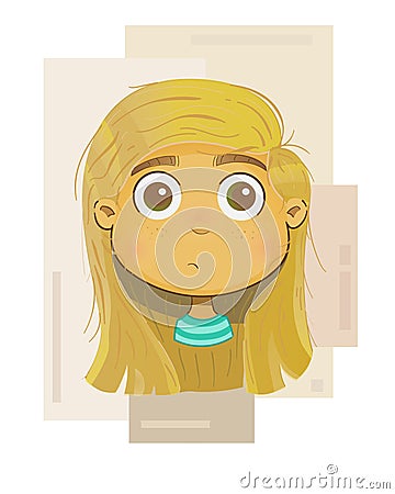 illustration of little cute girl with a sad face, wearing a striped blue shirt, have a beautiful eyes and blonde hair Stock Photo