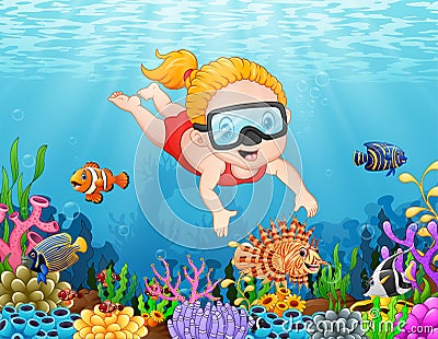 Little girl diving in the sea Vector Illustration