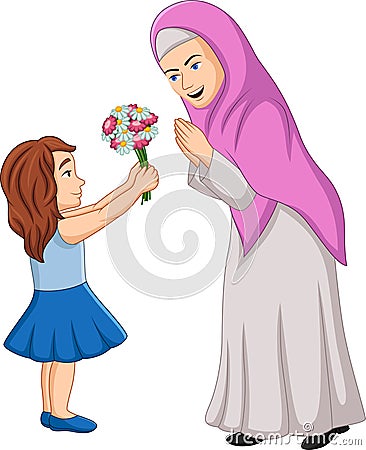 Little girl giving a bunch of flowers to her mother Vector Illustration