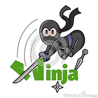 Illustration of a little jumping funny chibi ninja. Ninja Samurai Warrior Fighter Character Cartoon. Design for print, t-shirt. Vector Illustration