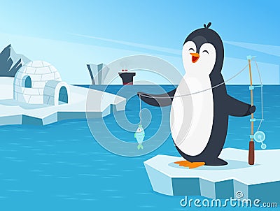 Illustration of little penguin fishing in the north Vector Illustration