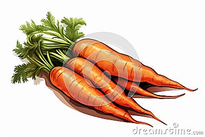 A illustration of a little pile of orange carrots on a white background with green fronds. Copy space. Cartoon Illustration