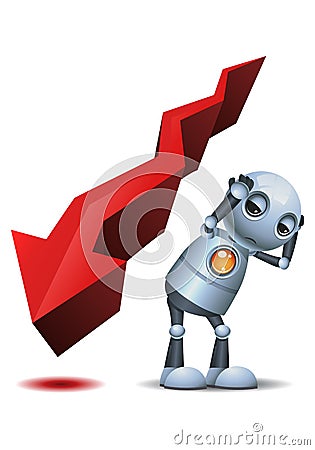 Little robot afraid of descending arrow chart Vector Illustration