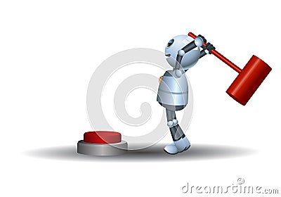 Little robot try to hit button with hammer Vector Illustration