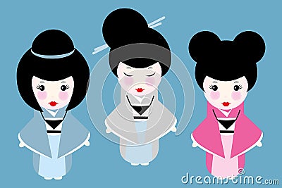 Little japan dolls with different hairstyles isolated on blue Vector Illustration