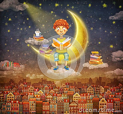 Illustration of little young ginger boy reading a book on moon Stock Photo