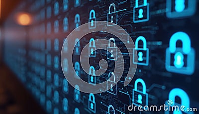 Illustration of locked data files on screen displaying lock symbols. Secure, encrypted data with ethical safeguarding Stock Photo