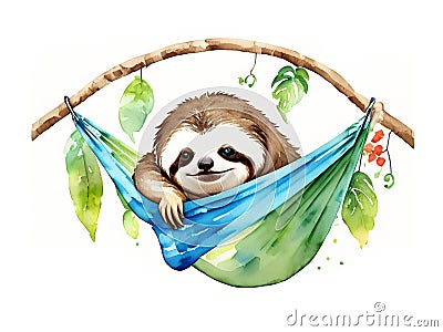 Illustration for a logo or t-shirt in watercolor of a charming sloth lounging in a hammock, isolated on a white background. Stock Photo