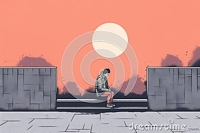 Illustration of a lonely lost person, surreal art, alone loneliness and solitude concept artwork, conceptual painting Stock Photo