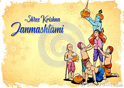 Lord Krishna and his friend stealing makhan from Dahi handi celebration in Happy Janmashtami festival background of Vector Illustration