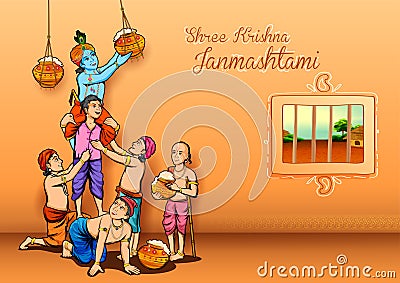 Lord Krishna and his friend stealing makhan from Dahi handi celebration in Happy Janmashtami festival background of Vector Illustration