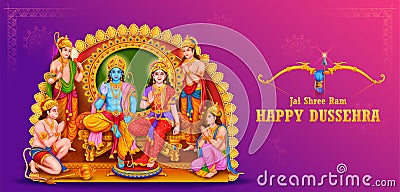 Lord Ram, Sita, Laxmana, Hanuman, Bharat and Shatrughna in Ram Darbar for Dussehra Navratri festival of India poster Cartoon Illustration