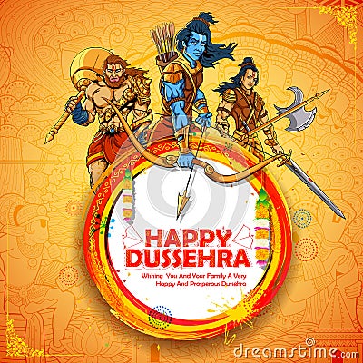 Lord Rama with Laxmana and Hanuman in Dussehra Navratri festival of India poster Vector Illustration