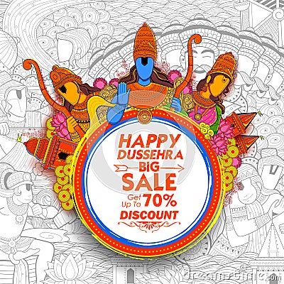 Lord Rama, Laxmana and Sita Lord Rama in Navratri festival of India for Happy Dussehra Sale Promotion offer Vector Illustration