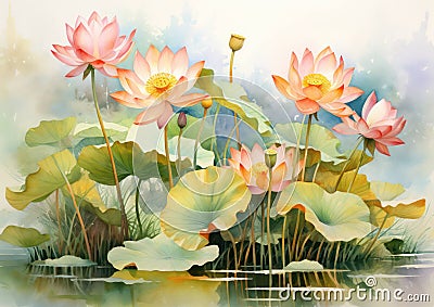 Illustration lotus relaxation flourish zen lotus peace waterlily drawing background flower painting lily Cartoon Illustration