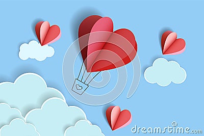 Illustration of love.Heart shape of a balloon cut out of paper and clouds.Handmade crafts. Vector illustration. Cartoon Illustration