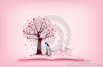 Illustration of love with a lovers hug each other and a bike under love tree. Digital craft paper art valentines day concept Vector Illustration
