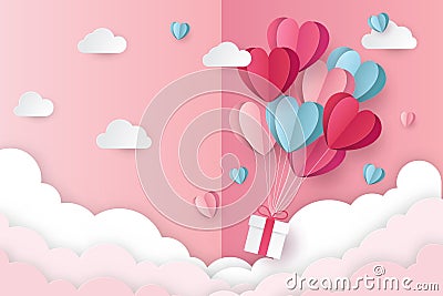 Illustration of love and valentine day with heart baloon, gift and clouds. Vector Illustration