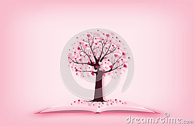 Illustration of love Valentine`s day concept a tree with heart shape leaves growing on open book in paper cut style. Digital craf Vector Illustration