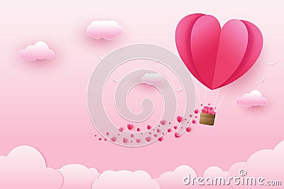 Illustration of love and valentine`s day, heart shaped balloon with many small hearts floating in the sky. Vector Illustration