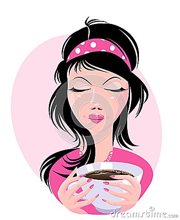 Illustration of lovely girl holding a cup of delicious coffee. Vector Illustration