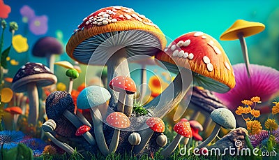 An Illustration of low angle view of colorful mushrooms, AI generated Stock Photo