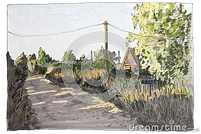 Illustration made by sketch felt-tip pen.Rural landscape in summer. Stock Photo