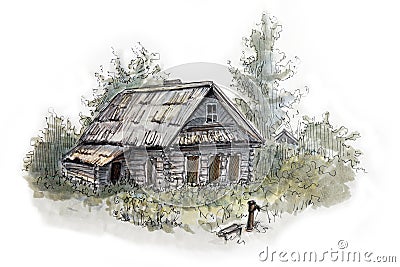 Illustration made by sketch felt-tip pen.Rustic wooden house Stock Photo